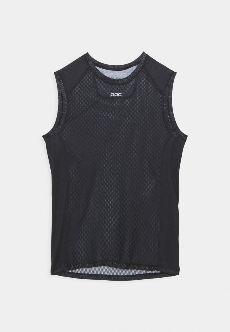 Black sleeveless athletic top featuring mesh fabric, round neckline, and reinforced armholes. Minimalist design with subtle branding.