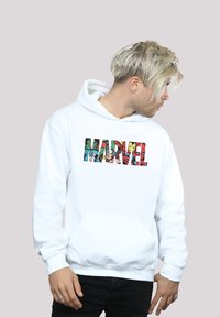 Felpa bianca con cappuccio caratterizzata da una grafica colorata "MARVEL" con personaggi dei fumetti, tasca frontale e polsini e orlo a coste.