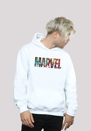 Hvit hettegensere med et fargerikt "MARVEL" grafikk som viser tegneseriefigurer, frontlomme og ribbede mansjetter og nederkant.