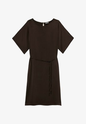 Bruine jurk met korte mouwen in lichtgewicht stof, met een ronde hals, tailleband en een lichte A-lijn vorm. Detail van een sleutelgat sluiting achter.