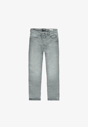 Lichtgrijze denim jeans met een rechte pasvorm, vijf zakken en subtiele vervaging. Afgewerkt met een ritsvlieg en riemlussen.