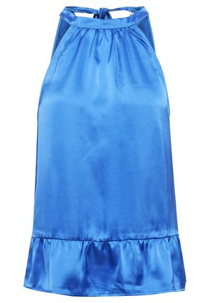 Blå satin halterneck-top med rynkad halsringning, öppen rygg och utsvängd volang, med en slät och glänsande yta.