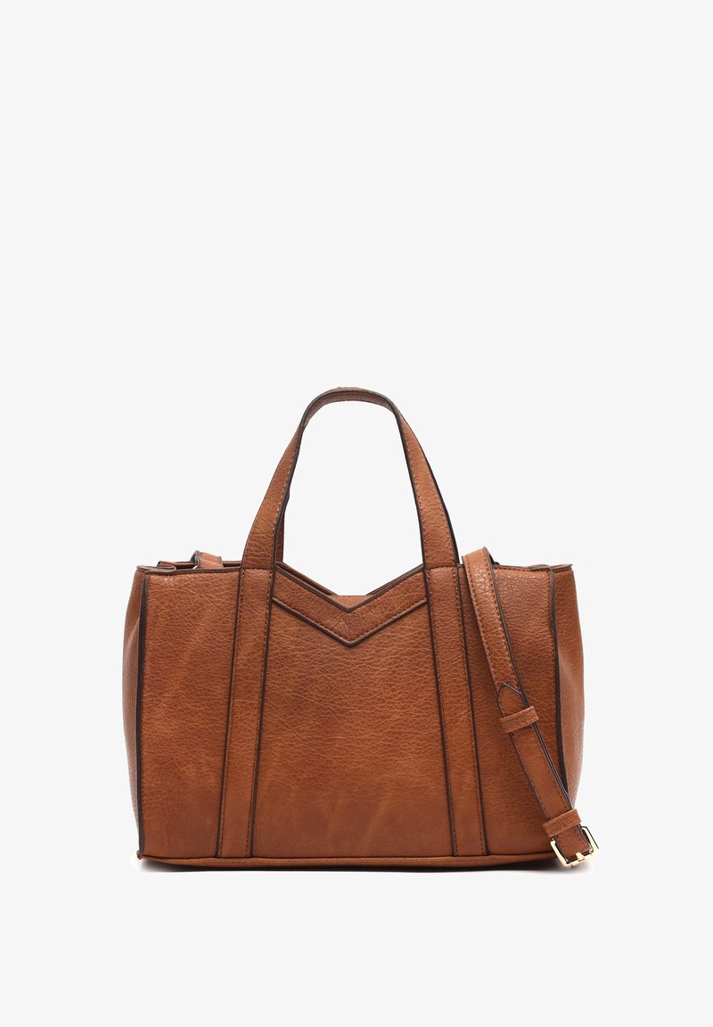 Smeđa kožna torba s dvostrukim gornjim ručkama, podesivom naramenicom i texturiranim završetkom koji sadrži geometrijske šavove.