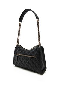 Borsa a tracolla nera trapuntata con manico superiore e catena, dotata di tasca frontale con zip e texture liscia.