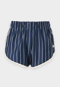 Short de sport bleu marine avec des rayures verticales blanches, taille élastique, deux pressions sur le devant, bordure blanche et logo Adidas sur la jambe gauche.