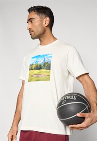 Cream short-sleeve t-shirt with a mountain landscape graphic. The model holds a dark basketball featuring textured surface and silver accents.
