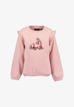 Lichtroze sweatshirt met ruffles op de schouders. Heeft een geprinte illustratie van een rustende eenhoorn aan de voorkant.