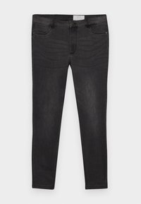 Black denim jeans with a slim fit, featuring a button closure, belt loops, and front pockets. Smooth texture with subtle fading.