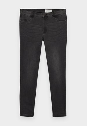 Jeans in denim nero con vestibilità slim, dotati di chiusura con bottone, passanti per cintura e tasche frontali. Tessuto liscio con leggeri effetti di sbiadimento.