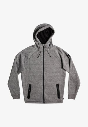 Grauer Kapuzenpullover mit Reißverschluss und Kapuze, ausgestattet mit Raglanärmeln, zwei schwarzen Reißverschlusstaschen und einem strukturierten Innenfutter. Akzente setzen ein Logo auf der Schulter.