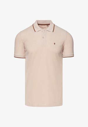 Beżowa koszulka polo z brązowymi akcentami, krótki rękaw i subtelnym wzorem tekstury. Posiada małe logo na lewej stronie klatki piersiowej.