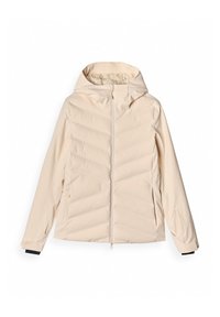 Svetle béžová prošívaná bunda s kapucí, zapínání na zip, šikmý vzor, elastické manžety a boční kapsy. Hladká, voděodolná látka.