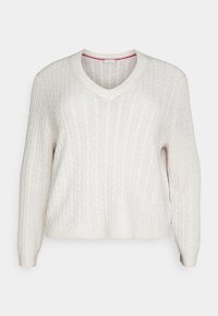 Pull tricoté de couleur crème avec col en V, manches longues et motif en torsades sur tout le tissu.