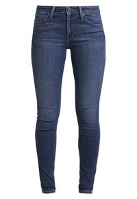 Mörkblå skinny jeans i denim med hög midja, fem fickor och subtila sömnadsdetaljer. Slät yta och figursydd form.
