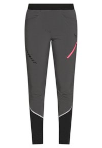 Technické turistické kalhoty z tmavě šedé látky, s růžovými akcenty, zúženým střihem, bočními kapsami a širokým elastickým pasem.