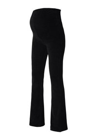 Pantalon en velours côtelé noir avec une taille haute et un bas évasé. Le tissu a une texture côtelée et une finition lisse.