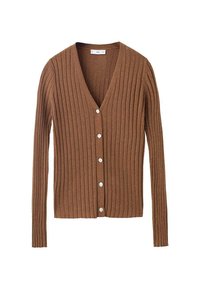 Cardigan marrone a coste con scollo a V e maniche lunghe, dotato di sei bottoni bianchi sul davanti. Materiale morbido e con texture.