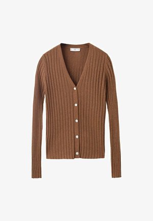 Brown ribbed cardigan with a V-neckline and long sleeves, featuring six white buttons down the front. Soft, textured material.