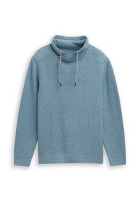Blauer Rippenpullover mit einem Funnel-Neck, verstellbaren Kordeln und einer strukturierten Oberfläche. Mit langen Ärmeln und einem lockeren Schnitt.