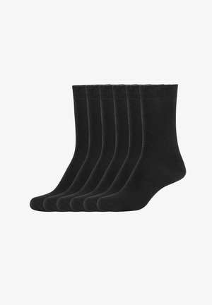 Schwarze Baumwollsocken mit gerippter Bündchen, nahtlosem Zeh und glatter Textur. Set aus sechs Stück, geeignet für den täglichen Gebrauch.