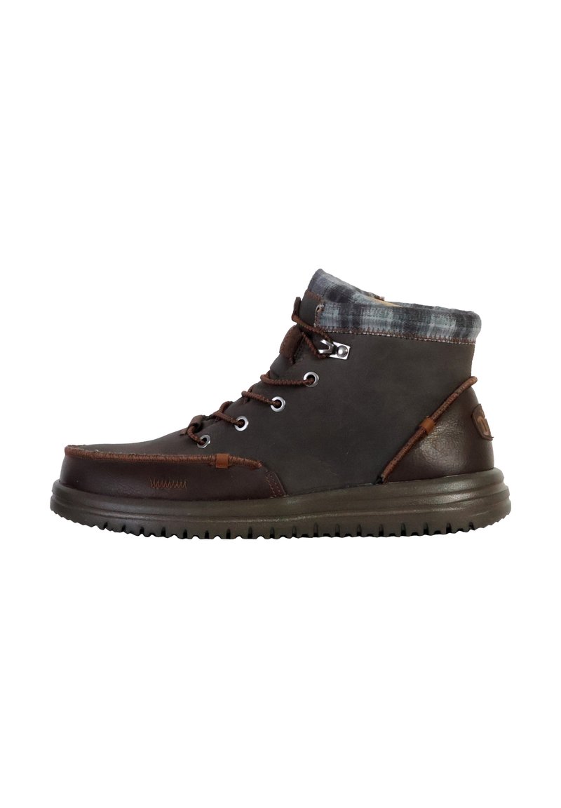 Stivali ankle in pelle marrone con colletto grigio a motivo e accenti marroni, dotati di occhielli in metallo e suola in gomma testurizzata.