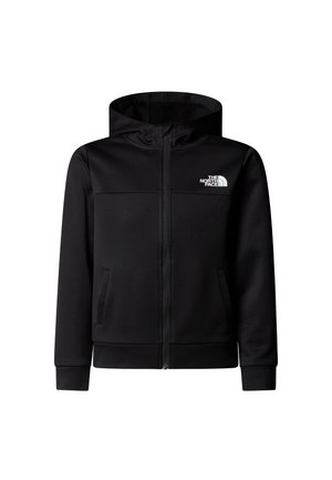 Čierna mikina na zips vyrobená z hladkej látky, s kapucňou, dvoma prednými vreckami a bielym logom na ľavej strane hrudníka.