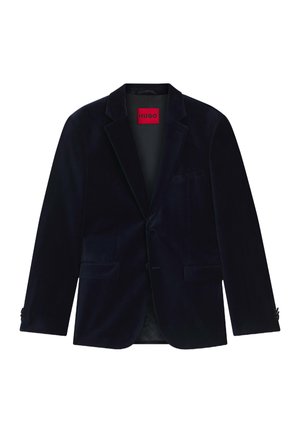 Marineblauer Samtblazer mit Reverskragen, zwei vorderen Taschen und einem Knopfverschluss; innen befindet sich ein rotes Markenlabel.