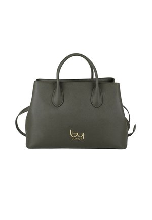 Borsa strutturata verde scuro con due manici superiori, una tracolla removibile e un logo dorato "byblos" sul davanti.
