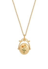 Auksinė pakabuko grandinėlė su gėlių dizainu, kurio centre yra geltonos gėlės, įrėmintos ovaliame lockete. Grandinėlė turi subtilų jungčių tekstūrą, papuoštą perlų akcentais.