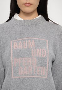 Jeune personne portant un pull gris en tricot avec le texte rose "BAUM UND PFERDGARTEN" sur une chemise blanche, visible des épaules aux lèvres.