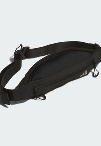 Black waist bag made of nylon with a smooth texture. Features a zippered compartment and adjustable strap, noting the brand's logo on the side.