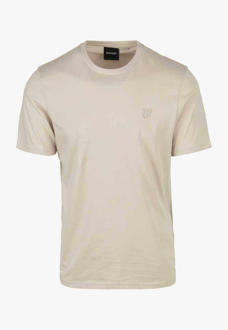 T-shirt in cotone beige a maniche corte con un piccolo logo ricamato sul petto. Design con scollatura a girocollo e una texture liscia e morbida.