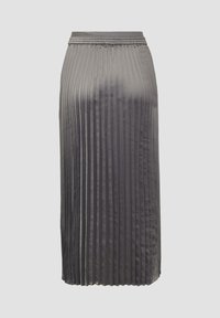 Plissé rok in donkergrijze satijn. Voorzien van een elastische tailleband, knielange ontwerp, en een gladde textuur met verticale lijnen.
