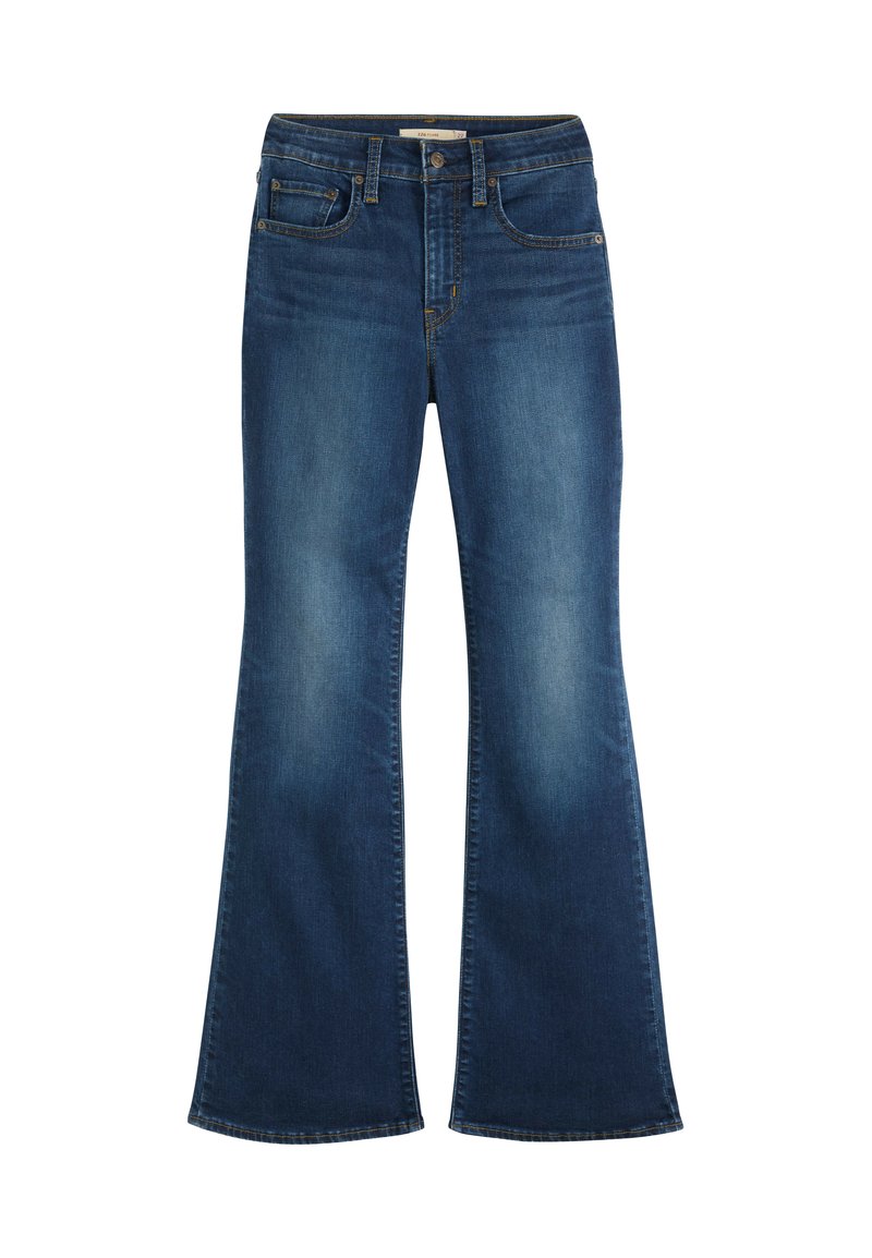 Jean en denim bleu foncé avec jambes évasées, style cinq poches, fermeture par boutons et légère décoloration au niveau des cuisses.