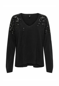 Pull noir à col en V avec des manches longues, orné de paillettes noires brillantes sur les épaules, texture douce et coupe décontractée.
