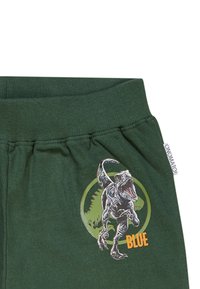 Groene sweatpants met een geribbelde tailleband, voorzien van een grafische afbeelding van een dinosaurust genaamd "Blue" en cirkelvormige jungleachtergronddetails.