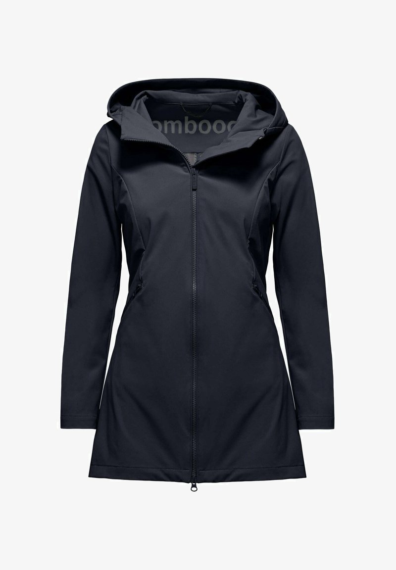 Sort vandtæt jakke med hætte, der har en frontlynlås, lange ærmer og sidelommer. Glat tekstur og slankt design.