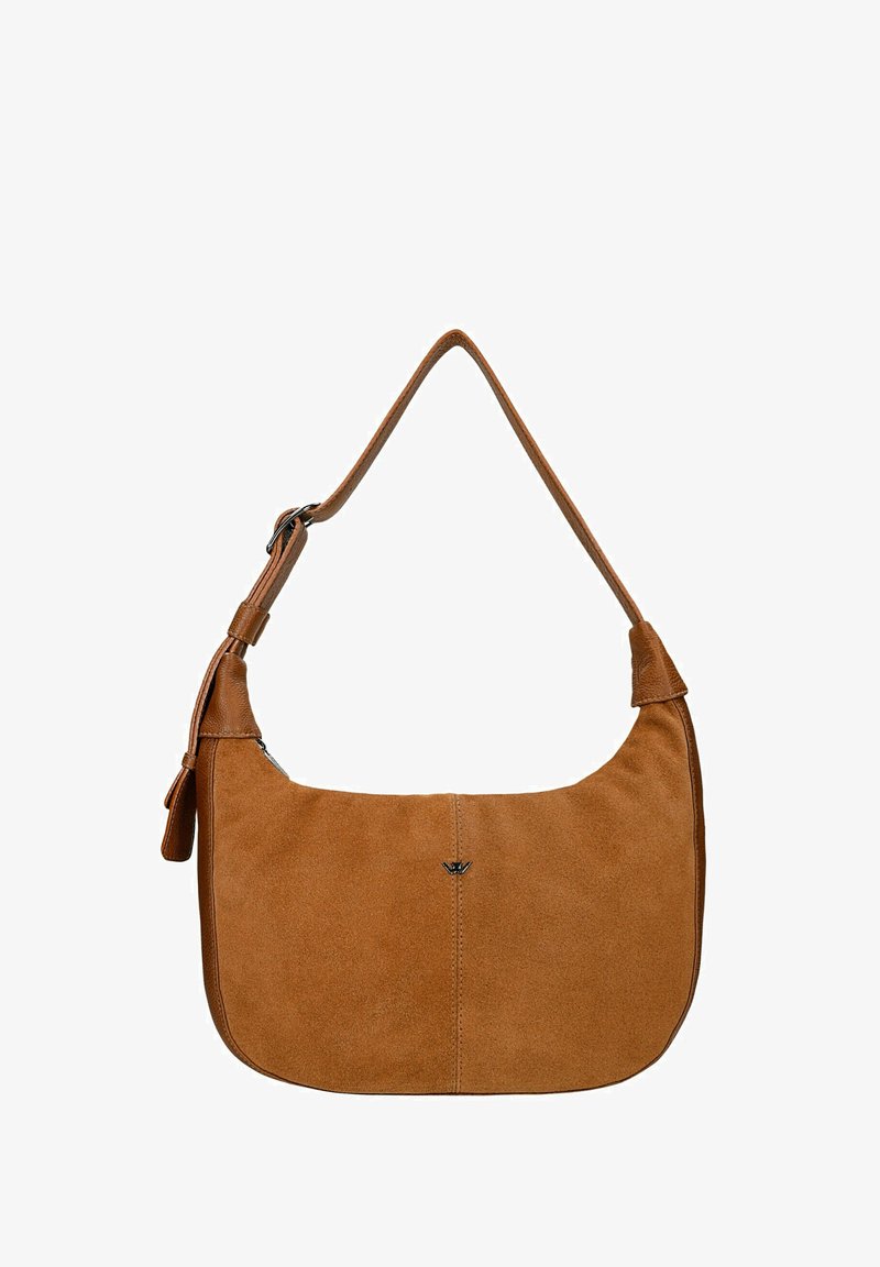Borsa a spalla in suede marrone con tracolla in pelle e piccolo logo argentato centrato sulla parte anteriore, su sfondo bianco.