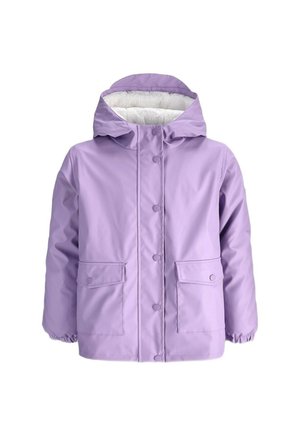 Light purple hooded children's jacket with button front, flap pockets, elastic cuffs, and white fuzzy lining inside the hood.