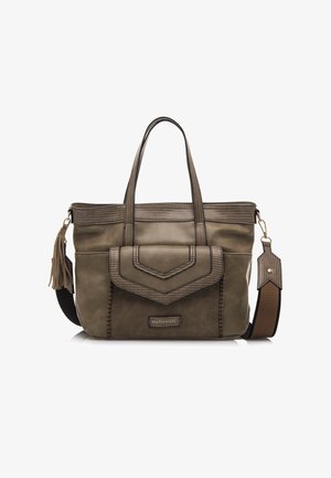 Borsa a tote in ecopelle verde oliva con manici doppi, una tracolla removibile, tasca con patta frontale e accenti texture. Presenta un dettaglio con nappina.