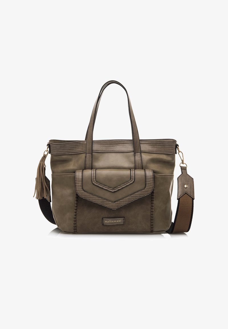 Olivgrüne Kunstleder-Tote mit doppelt genähten Griffen, einem abnehmbaren Schulterriemen, einer Frontklappen-Tasche und strukturierten Akzenten. Mit Quasten-Detail.