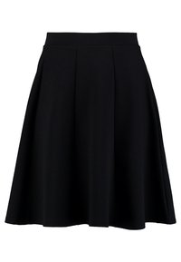 Jupe noire évasée en tissu texturé, dotée d'une taille ajustée et de plis, avec une coupe mi-genoux pour une silhouette classique.