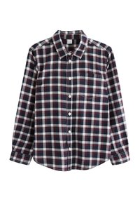 Camicia a maniche lunghe in flanella con motivo a quadri blu scuro, bordeaux e bianco. Realizzata in cotone leggero con chiusura a bottoni e tasca.