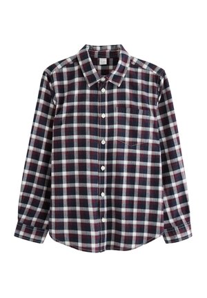 Long-sleeve plaid shirt featuring dark blue, burgundy, and white check pattern. Made from lightweight cotton with button front and pocket.