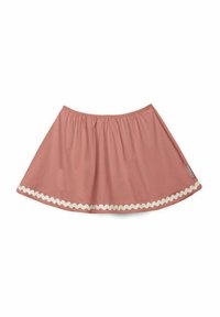 Falda de algodón rosa con cintura elástica, forma acampanada y borde con un trim en zigzag blanco. Textura suave y diseño hasta la rodilla.