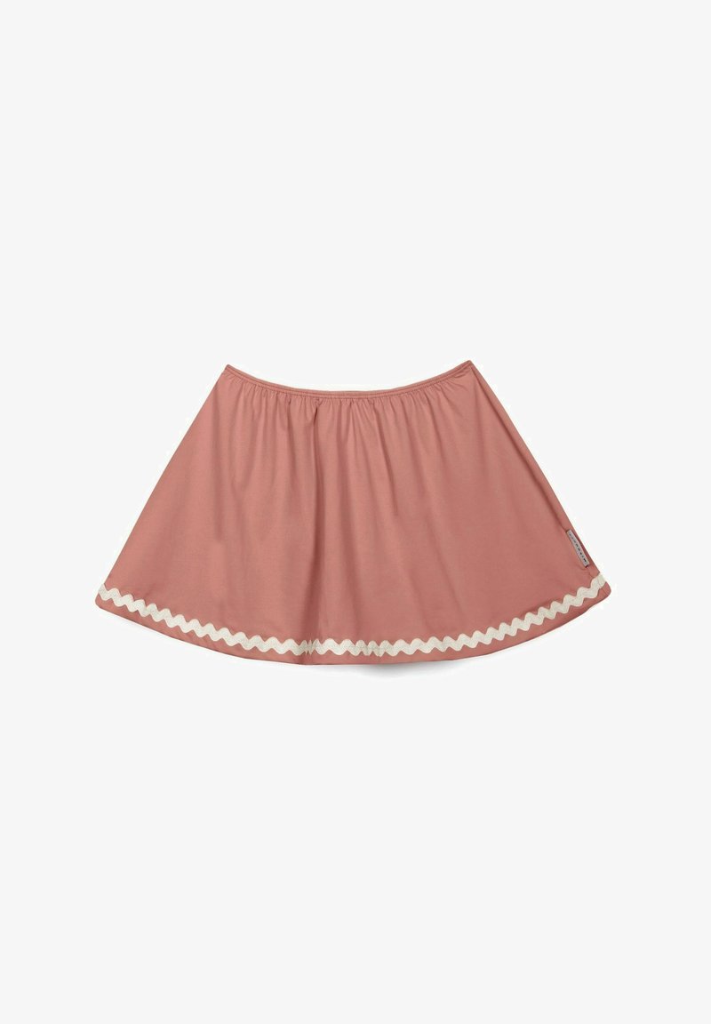 Falda de algodón rosa con cintura elástica, forma acampanada y borde con un trim en zigzag blanco. Textura suave y diseño hasta la rodilla.
