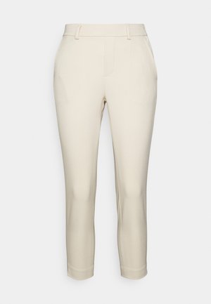 Cream-colored tailored trousers with a straight cut, featuring front pleats and seamless side pockets. Smooth fabric texture with no visible patterns.