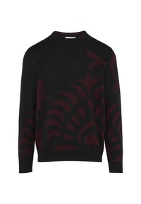 Zwarte trui van een gebreide stof met een bordeauxrood bloemmotief, ronde hals en lange mouwen met geribbelde manchet.