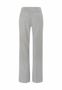 Pantalon droit gris clair avec taille élastique et deux poches passepoilées à l'arrière, vu de dos.