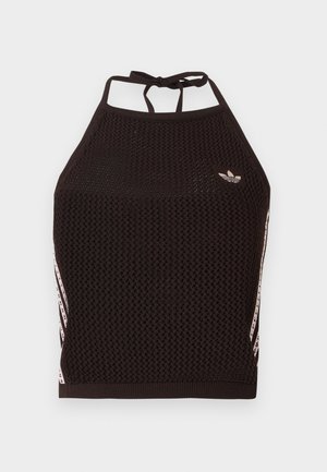 Μαύρο τοπ με δίχτυ και λαιμόκοψη halter, με υφή. Διαθέτει ροζ ρίγες ως διακόσμηση και μικρό λογότυπο στο μπροστινό μέρος. Κλείνει με δέσιμο στο πίσω μέρος.